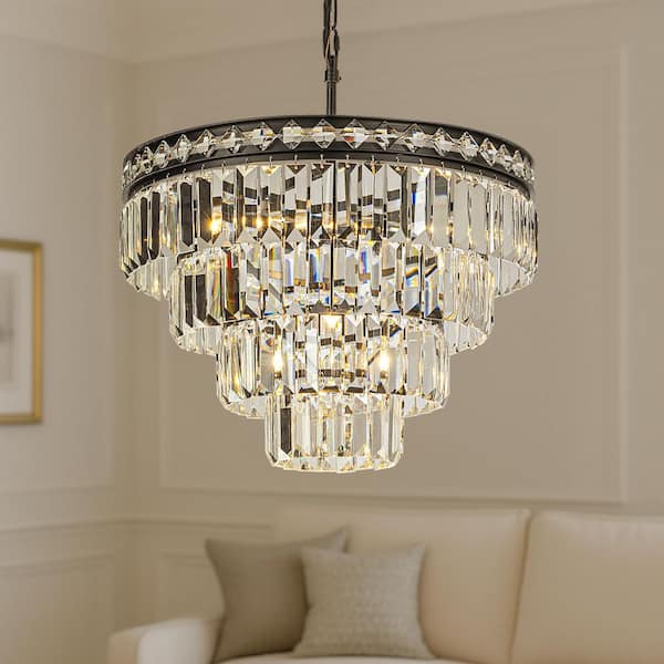 Modern W18 in. 4-Light Classic Matte Black Crystal Chandelier with Tiered Crystal Pendant Light For Dining Room