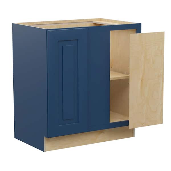 Home Decorators Collection Grayson 30 in. W x 24 in. D x 34.5 in. H Assembled Plywood Blind Base Kitchen Cabinet in Mythic Blue with Soft Close RH