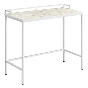 Brighton 36 in. Rectangle White and Gold Faux Marble Mosaic Top Console Table with White Metal Frame