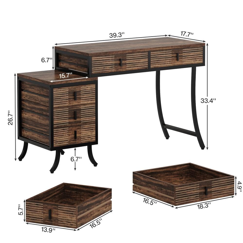 Industrial Brown Wood 55" Computer Desk with 5 Drawers