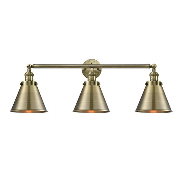 Appalachian 32 in. 3-Light Antique Brass Vanity Light with Antique Brass Metal Shade