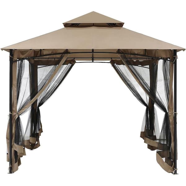 Khaki 10 ft. x 10 ft. Steel Frame Outdoor Patio Gazebos Party Tent Event Canopy with Double Roofs and Mosquito Netting