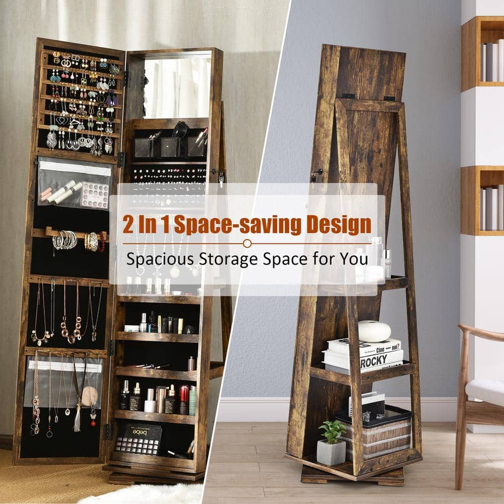 Coffee Rustic Rotatable Lockable Mirrored Jewelry Cabinet