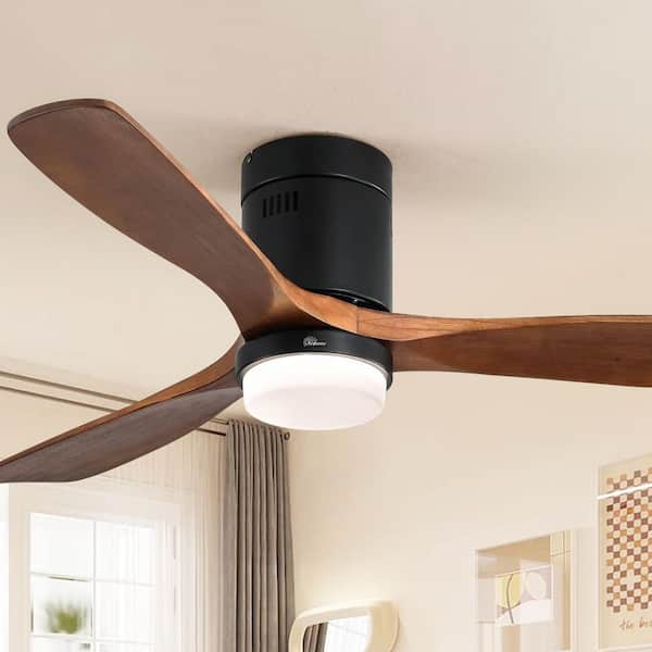 52 in. LED Indoor/Outdoor Flush Mount Black Gold Ceiling Fan with 3-Reversible Wood Blades, 6-Speed DC Remote Control