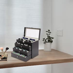 4-Layers Black PU Wooden Jewelry Eyeglasses Storage Box Lockable with Drawers