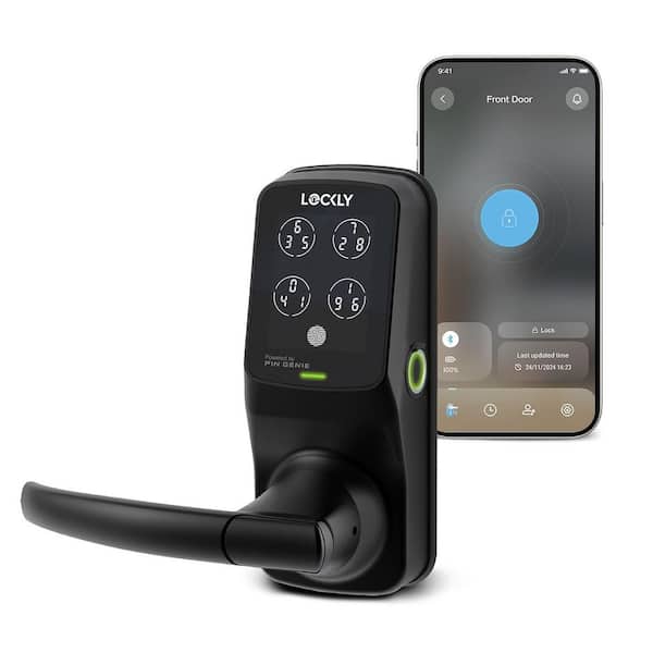 Secure Plus Matte Black Spring-Loaded Latchbolt Smart Lock With Lever Door Handleset, Fingerprint, Keypad, Bluetooth