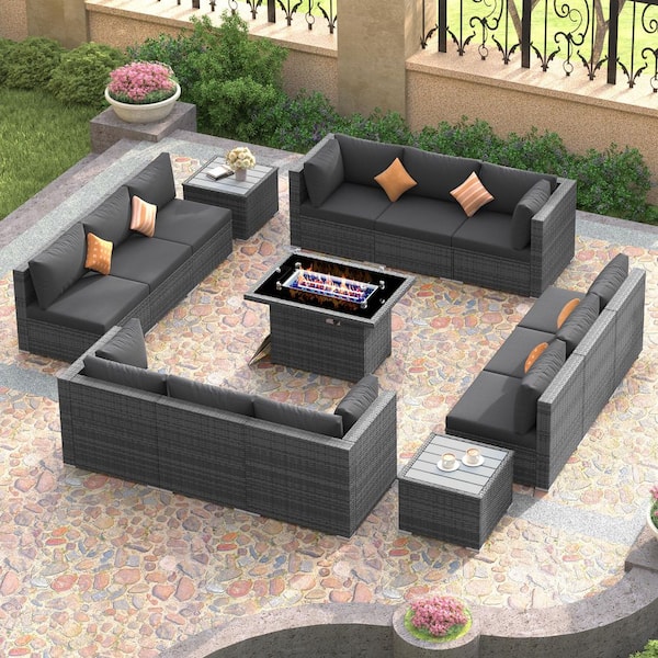 15-Piece Large Size Gray Wicker Patio Conversation Sofa Set with Dark Gray Cushions Fire Pit Table and Coffee Tables