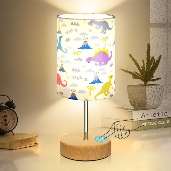 12.4" White Wooden Table Lamp with Dinosaur Pattern Printed Shade, 3-Way Dimmable Touch Lamp for Bedroom(Bulb Included)