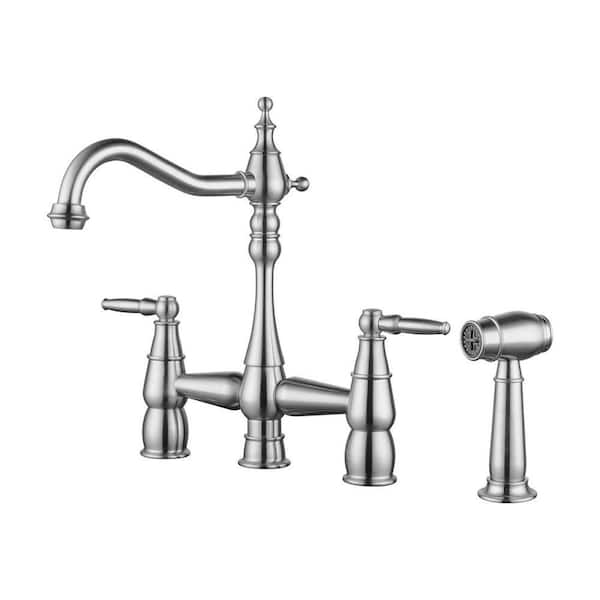 Quaint Double Handle Vintage Bridge Kitchen Faucet-Side Spray in Brushed Nickel