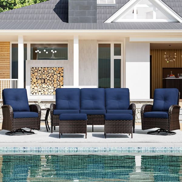 6-Piece Wicker Patio Conversation Seating Sofa Set with Blue Cushions and Swivel Rocking Chairs