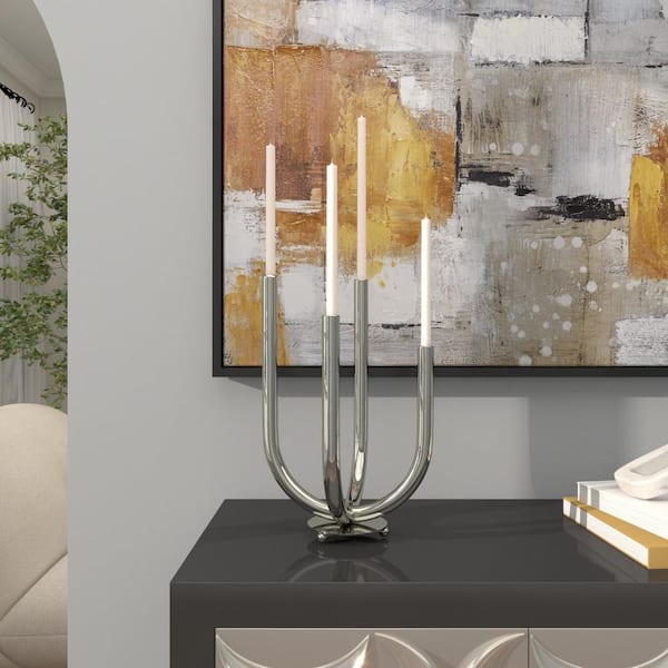 Novogratz 15 in. Silver Stainless Steel Abstract U-Shaped Candelabra