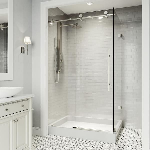 Elan E-Class 36 in. L x 48 in. W x 82 in. H Frameless Sliding Shower Enclosure Kit in Stainless Steel with Clear Glass
