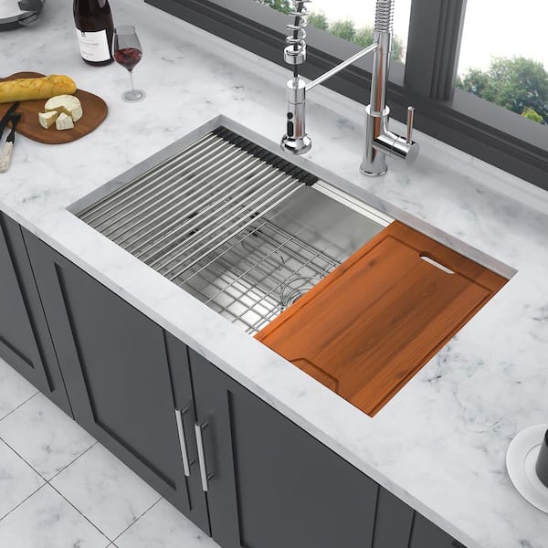 33 in. Undermount Single Bowl 16-Gauge Brushed Nickel Stainless Steel Kitchen Sink with Workstation