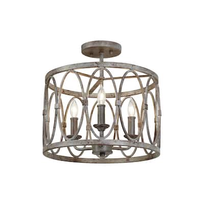 Sutton 14 in. 3-Light Weathered Gray Transitional Semi-Flush Mount Ceiling Light with Open Oval Cage Shade