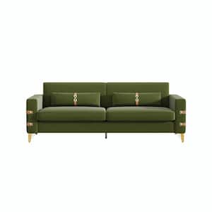 KT 85.63 in. Straight Arm Velvet Rectangle Sofa in. Avocado Green