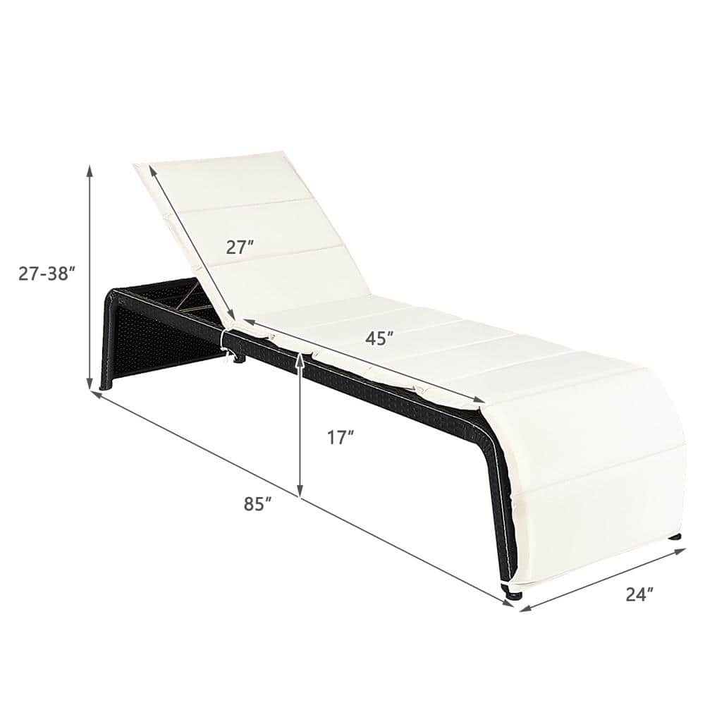Adjustable Black Rattan Outdoor Chaise Lounge with White Cushions