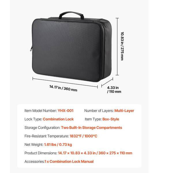 Large Fireproof Document Box With Lock – Waterproof & Fireproof Safe Bag For Files – Black/Gray Fiberglass