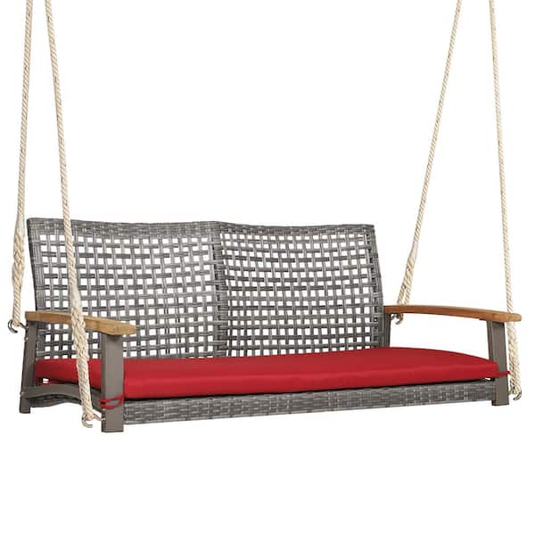 Costway 2-Person Patio Wood Wicker Hanging Swing Chair Loveseat Cushion Porch Red