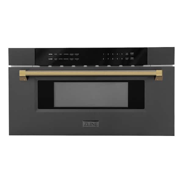 Autograph Edition 30 in. 1.2 cu. ft. Built-in Microwave Drawer in Black Stainless Steel and Polished Gold Helix Handle