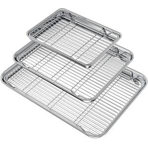 Stainless Steel Silver Baking Pan Cookie Sheet with Cooling Rack, Non Toxic & Heavy Duty & Easy Clean 3-Pack