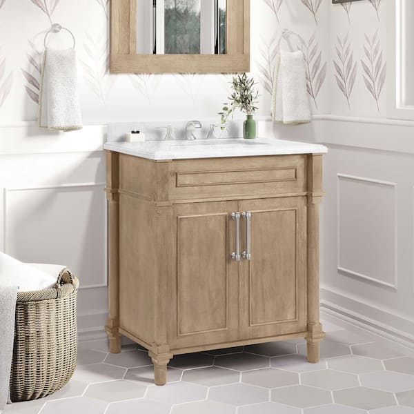 Aberdeen 30 in. Single Sink Freestanding Antique Oak Bath Vanity with Carrara Marble Top (Assembled)