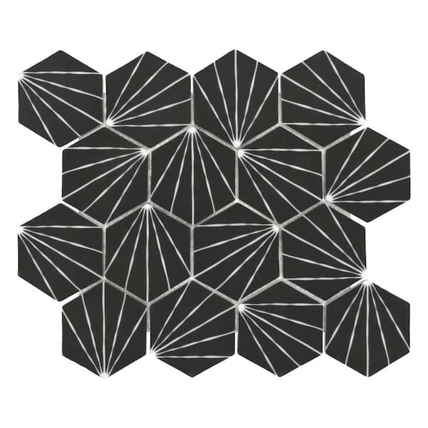 sunwings Art Deco Black Hexagon 12x10.6in. Recycled Glass Matte Patterned Mosaic Floor and Wall Tile (8.9 sq. Ft./Box)