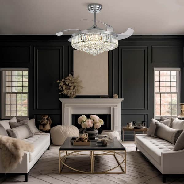 48 in. Indoor Chrome Color Smart Retractable Crystal Ceiling Fan with Adjustable LED Light Included with Remote