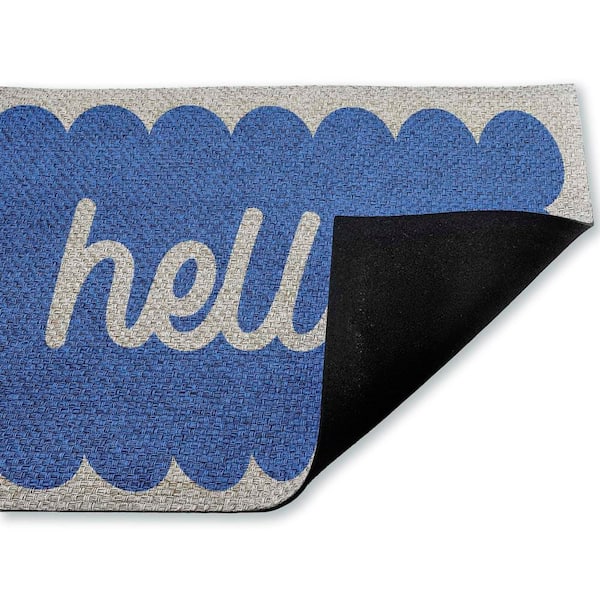 Hello Blue Greeting Blue 18 in. x 30 in. Polyester Non-Slip Outdoor Door Mat