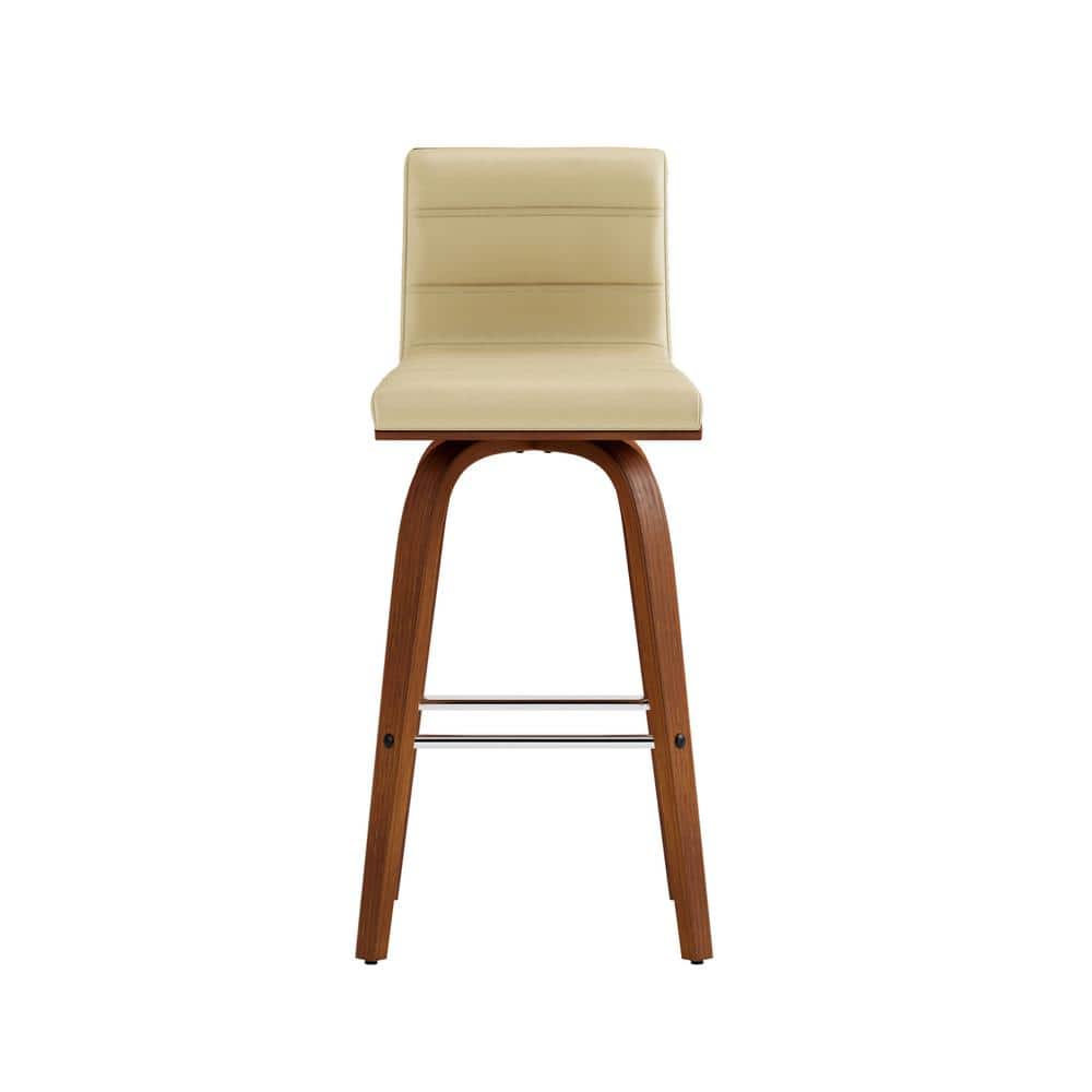 26" Cream Faux Leather and Walnut Wood Swivel Bar Stool