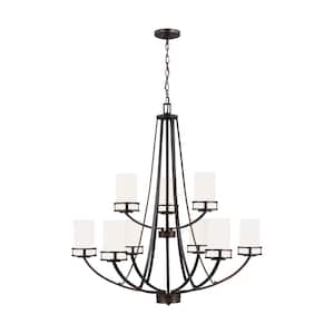 Robie 9-Light Burnt Sienna Craftsman Transitional Hanging Empire Chandelier with Etched White Inside Glass Shades