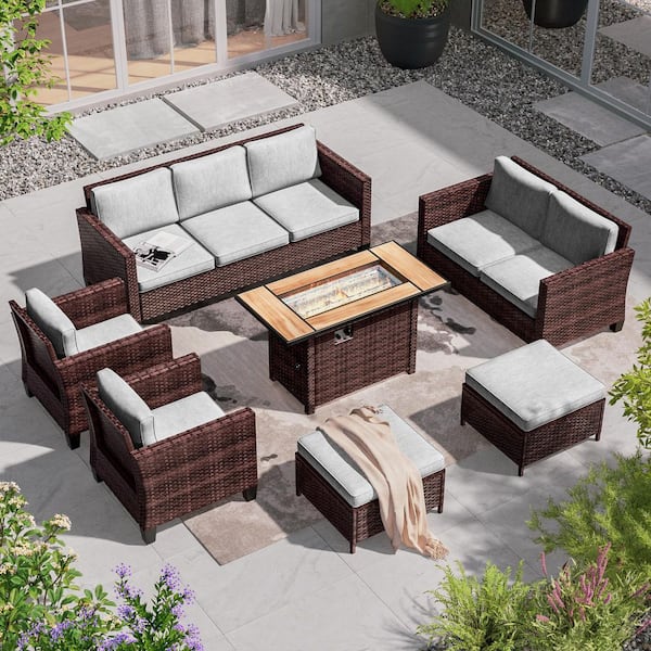 7-Pieces Patio Conversation Set with Rectangle Fire Pit Table and Loveseat, Gray Wicker with Linen Gray Cushions