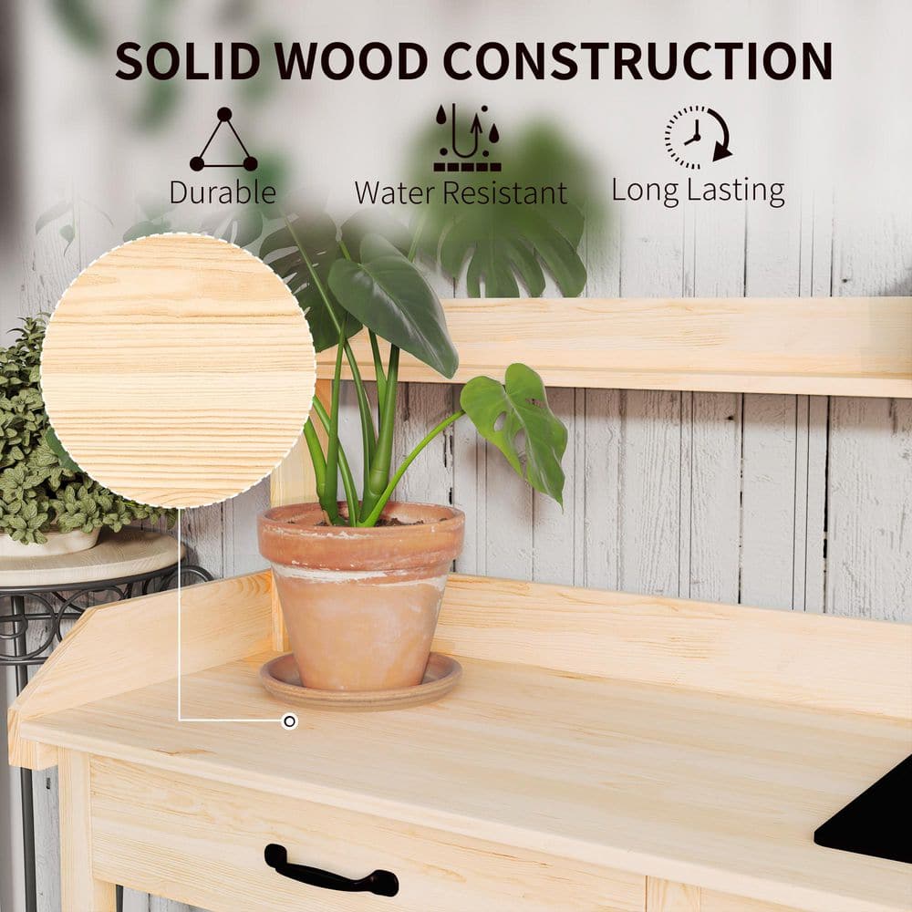 Natural Wood Potting Bench Table with Removable Sink Station