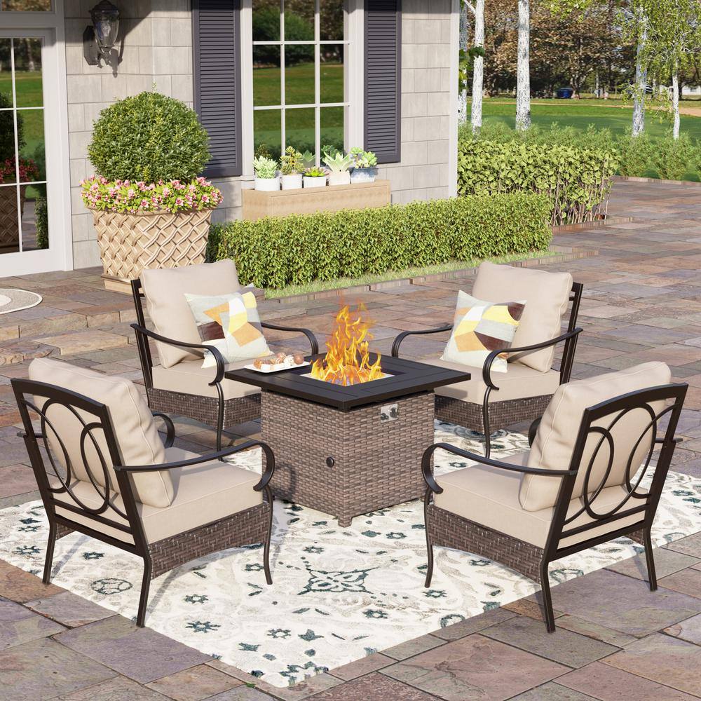 PHI VILLA Brown Rattan Wicker 4 Seat 5-Piece Steel Outdoor Fire Pit ...