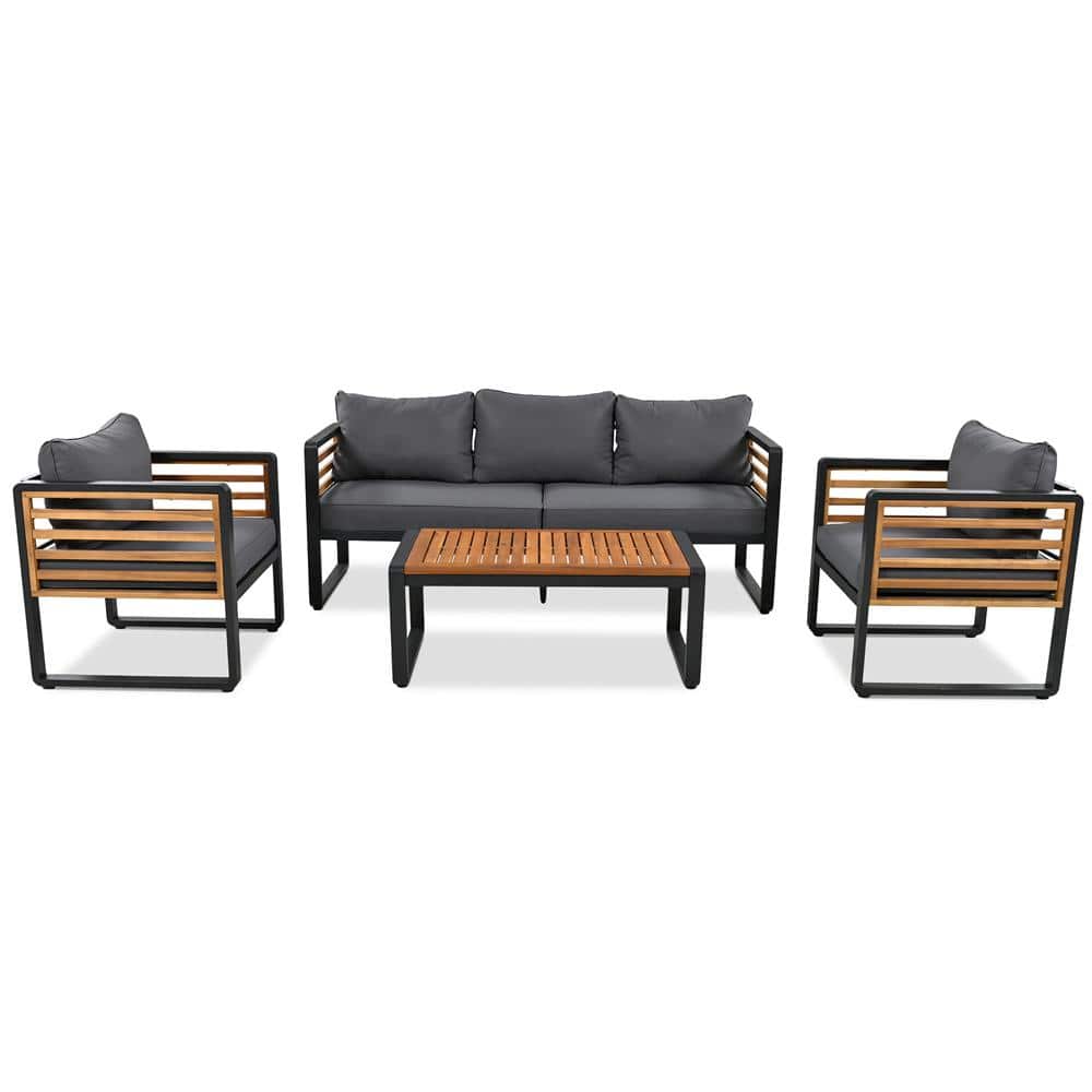 4 Pieces Outdoor Gray Metal And Wood Patio Conversation Set With Gray Cushion price history on PriceWatchPro