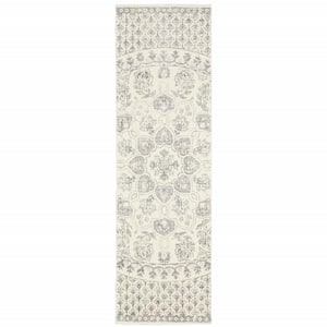 2' X 8' Ivory And Grey Floral Power Loom Stain Resistant Runner Rug