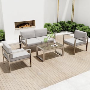 Modern Style 4-Piece Gray Aluminum Outdoor Patio Conversation Set with Cushions, Table for Porch Party Poolside Garden