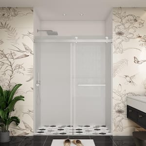 66 in. W x 76 in. H Double Sliding Frameless Bath Shower Door in Brushed Nickel with Easy-Clean 3/8 in. Glass and Handle