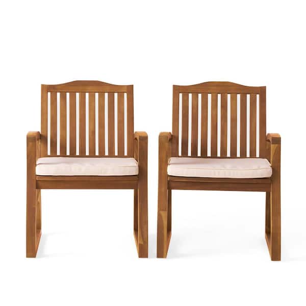 Noble House Kolten Teak Wood Outdoor Dining Chair with Cream Cushion (2-Pack)
