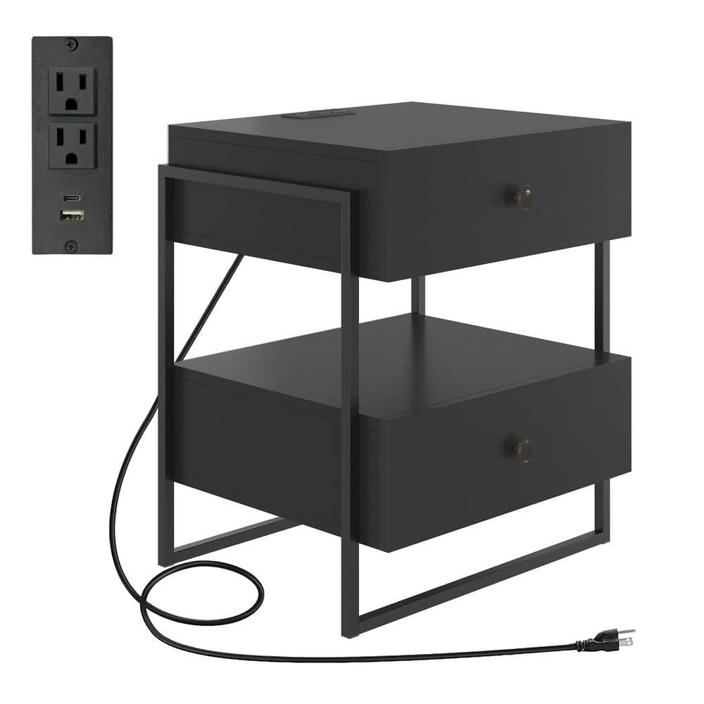 Pesaro Modern Black 2-Drawer Nightstand with Power and USB Charging Station