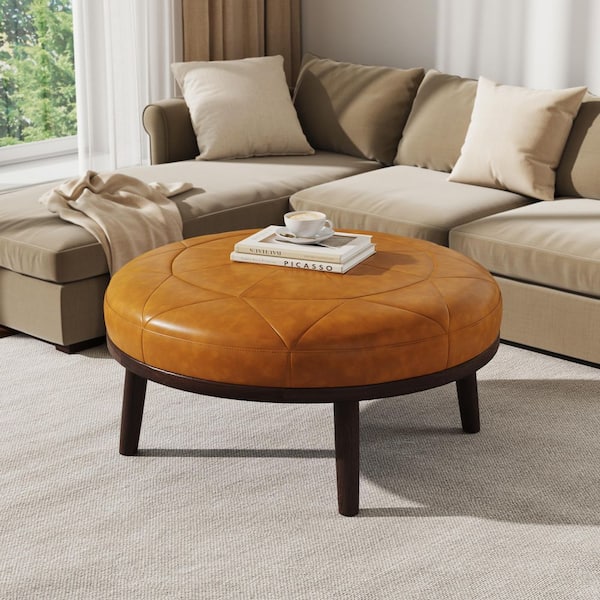 Brown Leather Round Ottoman (Set of 1)