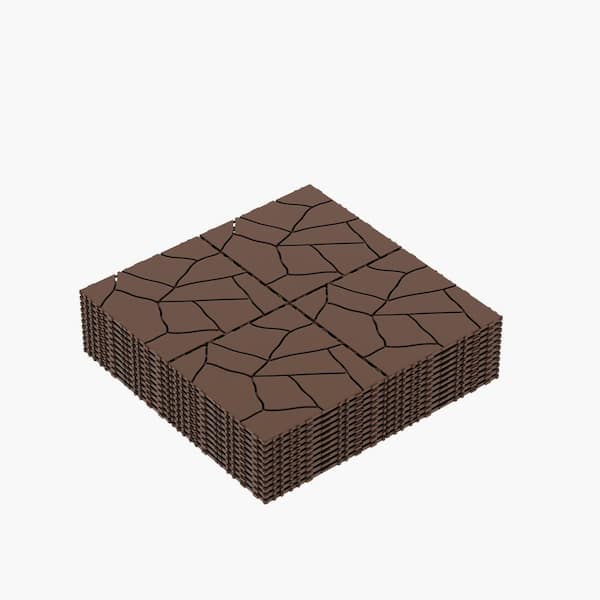 GOGEXX 12 in. W x 12 in. L Outdoor Imitation Stone Texture Plastic Interlocking Flooring Deck Tiles (Pack of 44 Tiles) in Brown