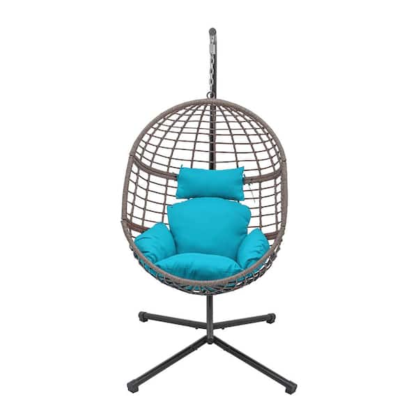 Maypex 78 in. Wicker Outdoor Basket Swing Chair with Grey and Aqua Cushion and Stand