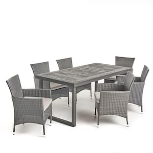 Stamford Sandblast Dark Grey 6-Piece Wood and Grey Faux Rattan Outdoor Dining Set with Silver Cushions
