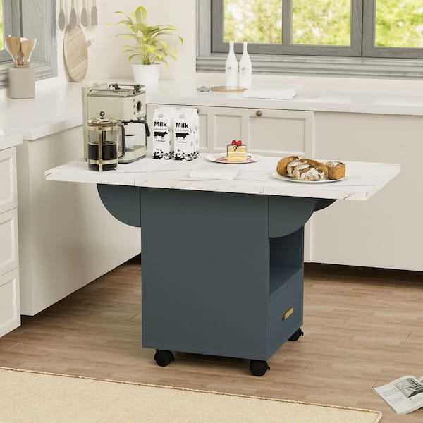Versatile Blue Folding Marble Color Wood Tabletop 40 in. Kitchen Island with 4-Wheels