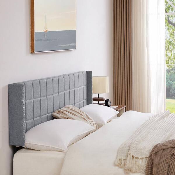 Upholstered Headboard King Size Bed Linen Double Wingback Headboard 6 Adjustable Position from 40 in. 49.8 in. Gray