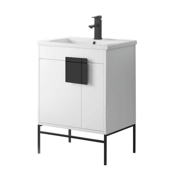 FINE FIXTURES Shawbridge 24 in. W x 18.11 in. D x 33.5 in. H Bath Vanity in Matte White Paint with Ceramic Vanity Top in White