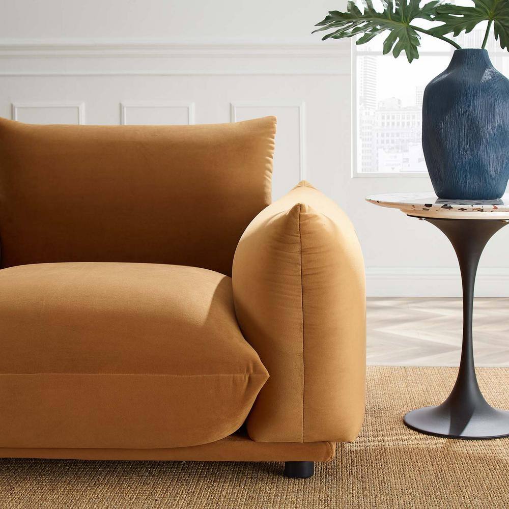 Plush Cognac Velvet Oversized Accent Chair with Manufactured Wood Base