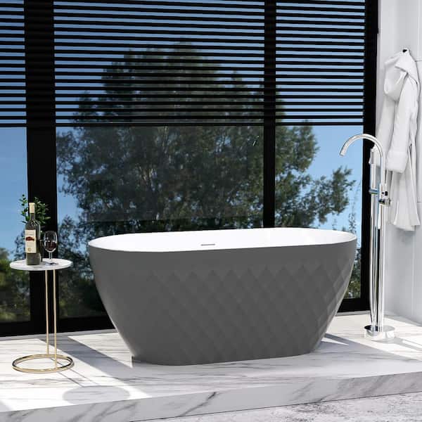 INSTER Diamond 59 In. X 28 In. Acrylic Non-Whirlpool Soaking Bathtub with Center Drain in Gray