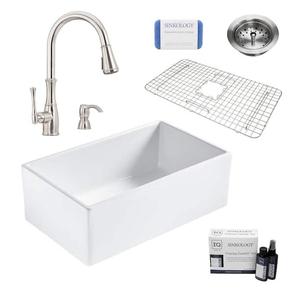 SINKOLOGY Bradstreet II All-in-One Farmhouse Fireclay 30 in. Single Bowl Kitchen Sink with Pfister Faucet and Drain