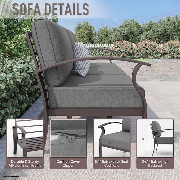 5-Piece Aluminum Patio Conversation Set with armrest, Firepit Table, Swivel Rocking Chairs and Grey Cushions